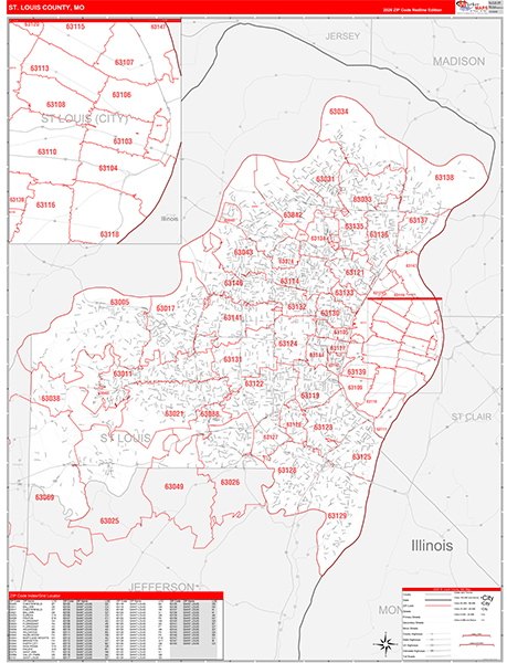 St. Louis County, MO Map Red Line Style